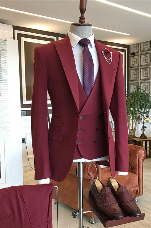 Koscy Stylish Dark Red Three-Piece Groom and Groomsmen Suit with Peaked Lapel