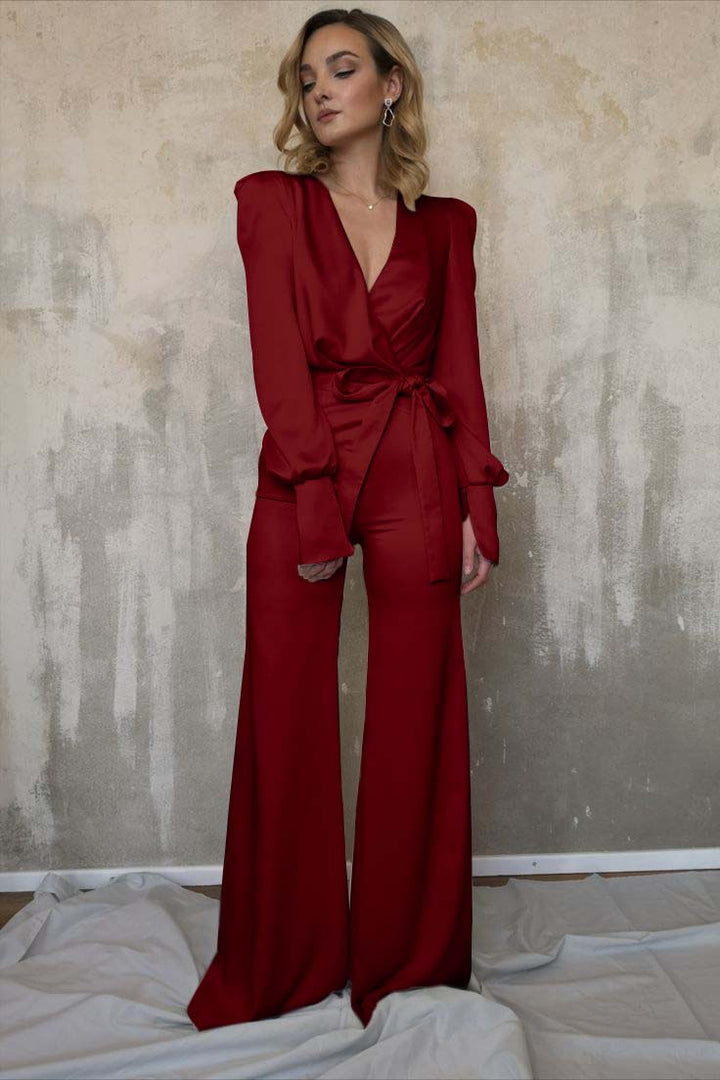 Koscy Charming Long Sleeves White V-Neck Long Jump Suit With Belt