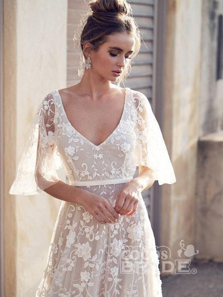 Bmbride Affordable V-Neck Half Sleeve Lace Boho Wedding Dresses