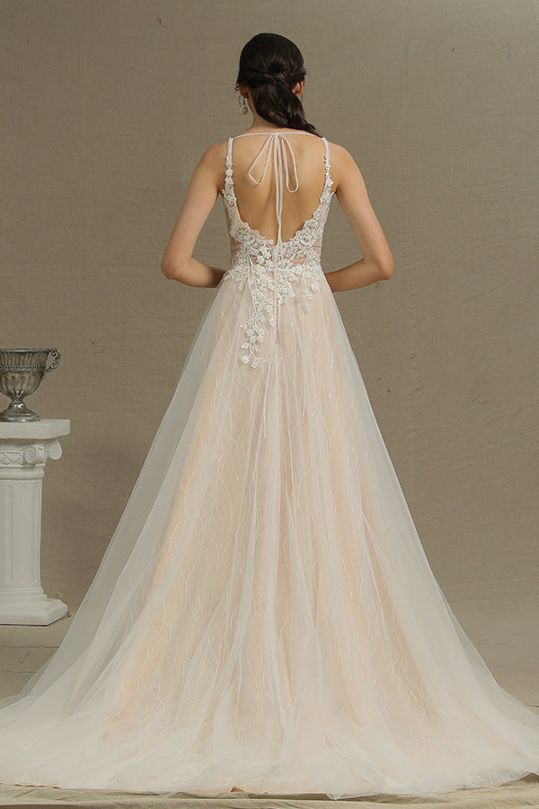 Bmbride Straps Floral Appliques A-line Side Split Backless Wedding Dress CPH235