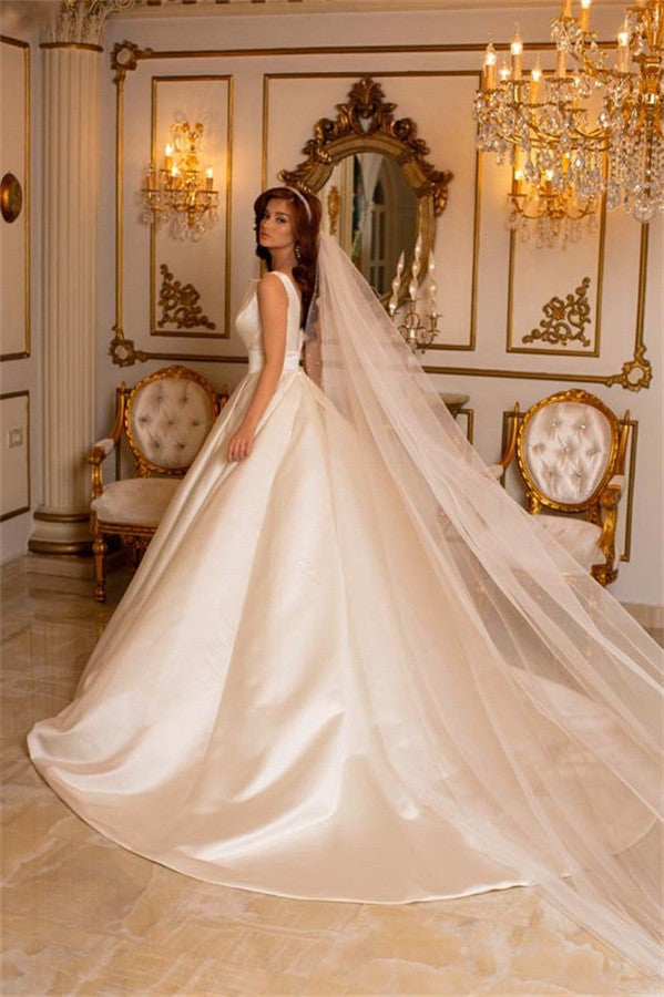 Bmbride Ivory Long A-line V-neck Satin Wedding Dress with Pockets
