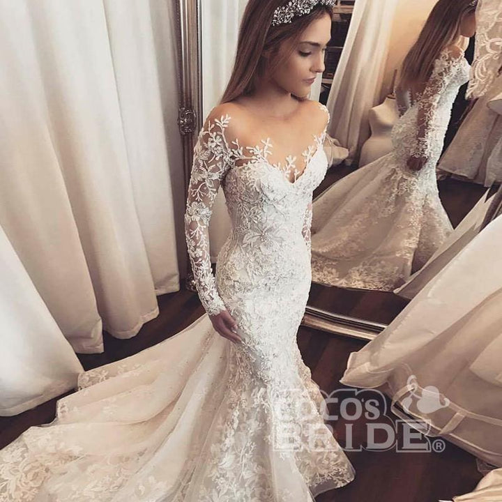 Bmbride Illusion Long Sleeves Tulle Appliques Beach Wedding Dress