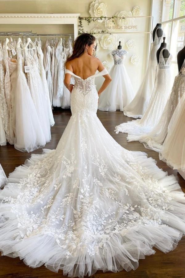 Bmbride Elegant Mermaid Off-Shoulder Sweetheart Tulle Lace Bridal Gown