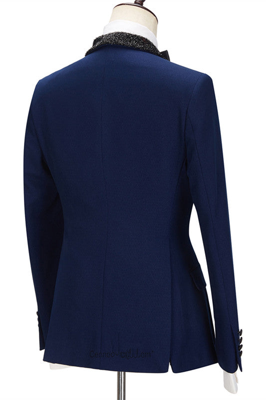 Koscy Shining Dark Navy Business Formal Suit for Prom with Black Lapel