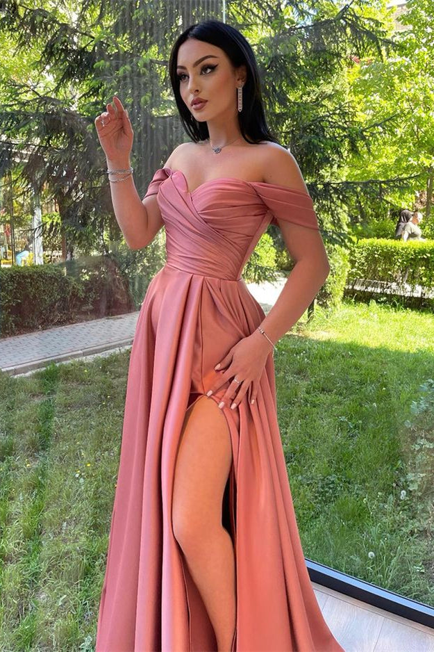 Dusty Pink Off-The-Shoulder Evening Front Split Prom Dress With Sweetheart - Glorious