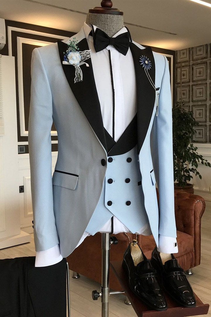 Koscy Fashionable Black Peaked Lapel Sky Blue Three-Piece Party Suit for Men
