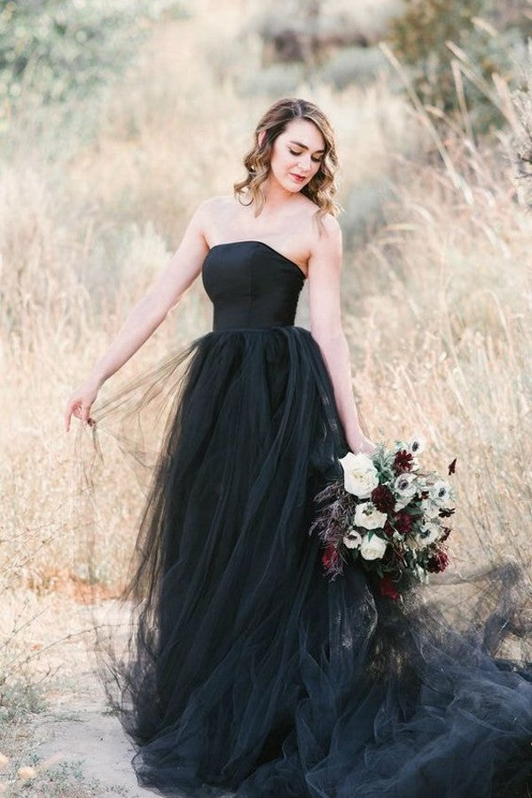 Bmbride Elegant Long A-line Strapless Tulle Floor-length Black Wedding Dress