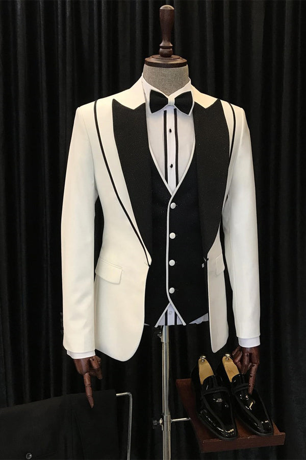 Koscy Abel Fashionable White and Black Peaked Lapel Three-Piece Wedding Suit