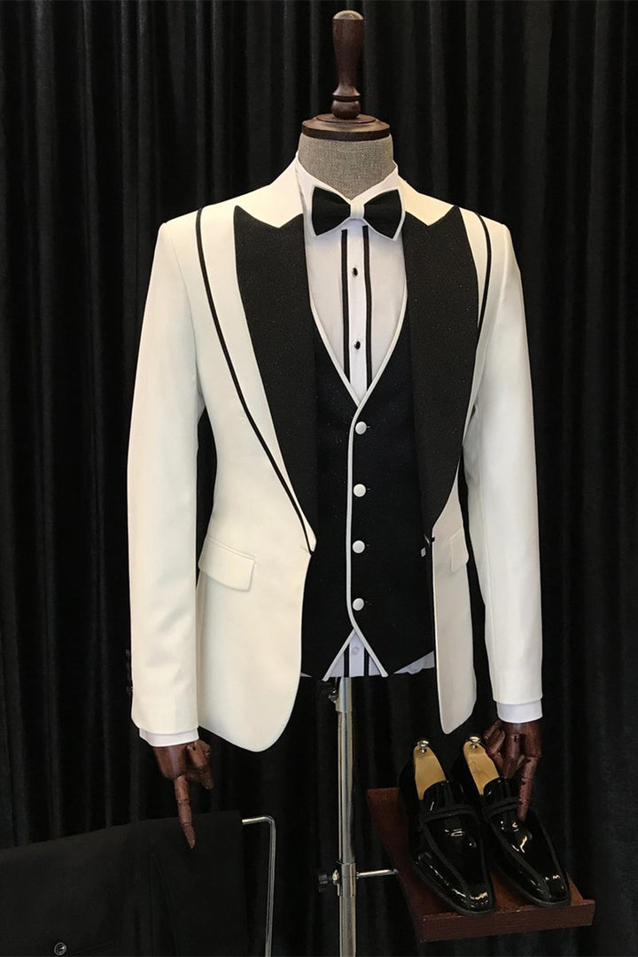 Koscy Abel Fashionable White and Black Peaked Lapel Three-Piece Wedding Suit