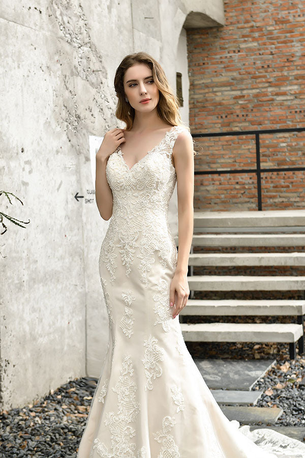 Bmbride Satin Lace Open Back Wedding Dress