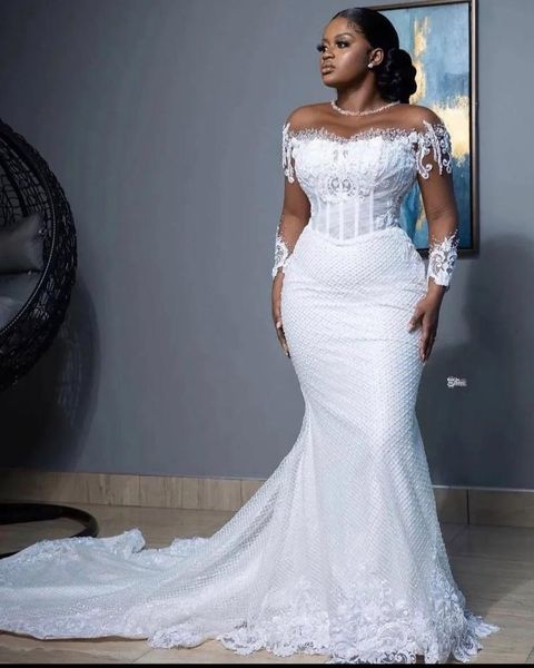 Bmbride Mermaid Sweetheart Tulle Lace Wedding Dress with Long Sleeves and Sweep Train