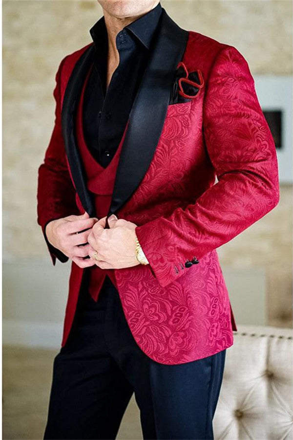 Koscy Red Jacquard Business Slim Fit Men's Suit, Three Pieces with Shawl Lapel