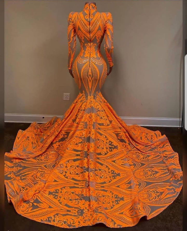 Mermaid Prom Dress with Orange Long Sleeves Sequins and Lace