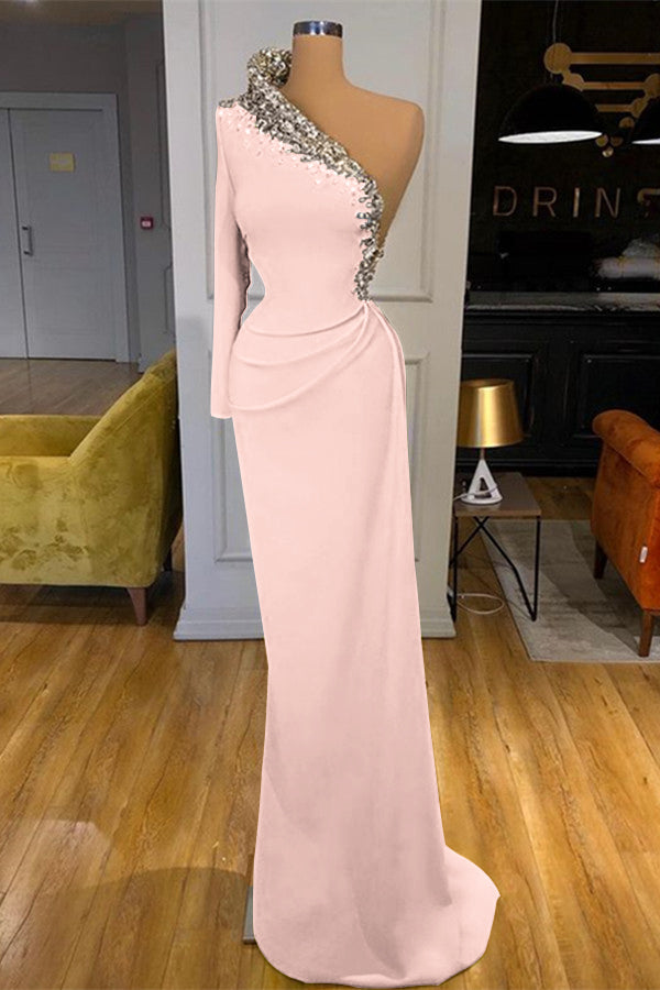 Green One-Shoulder Mermaid Prom Dress With Beadings Long Sleeves
