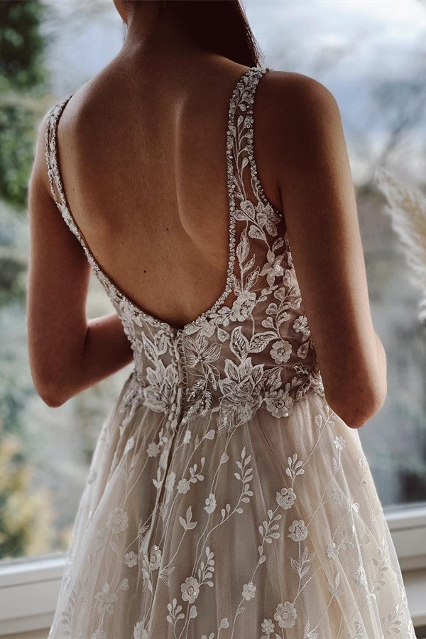Bmbride Elegant Long A-line V-neck Tulle Lace Backless Bridal Gowns