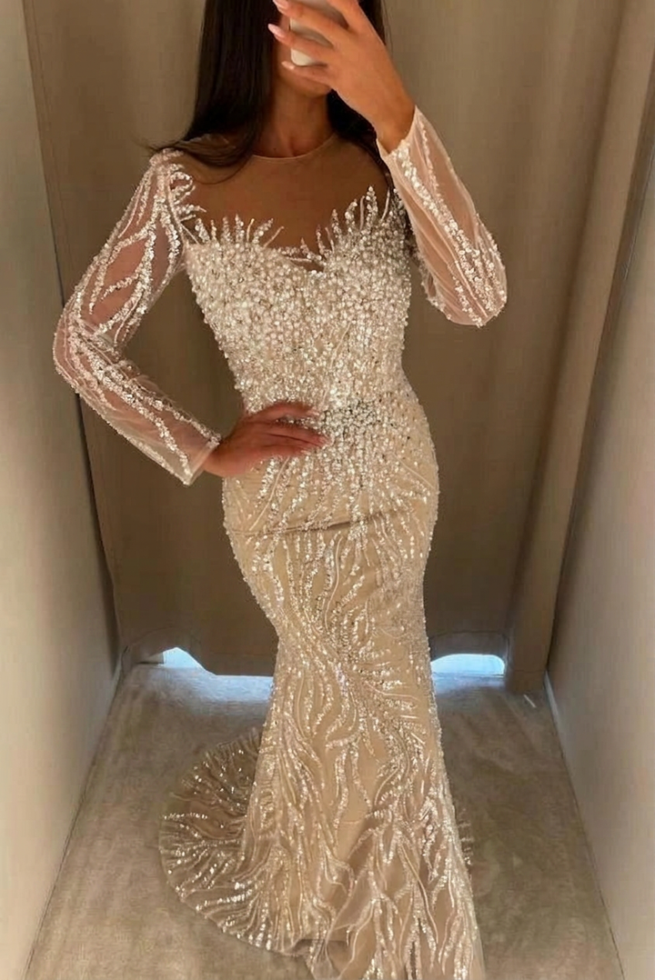 Champagne Mermaid Prom Dress Illusion Jewel Neck Long Sheer Sleeves Allover Crystal Pearl Branch Beaded Luxury