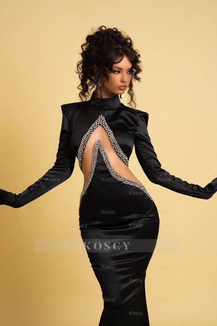 Charmeuse Long Sleeves Black Prom Dress with Beadings Gloves Charmeuse Long Sleeves Black Prom Dress with Beadings Gloves