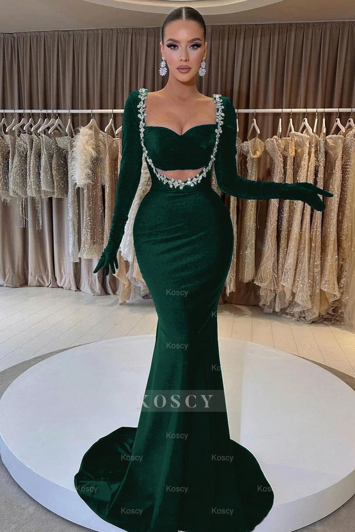 Charming Black Velvet Long Sleeve Beaded Long Mermaid Formal Dress With  Gloves