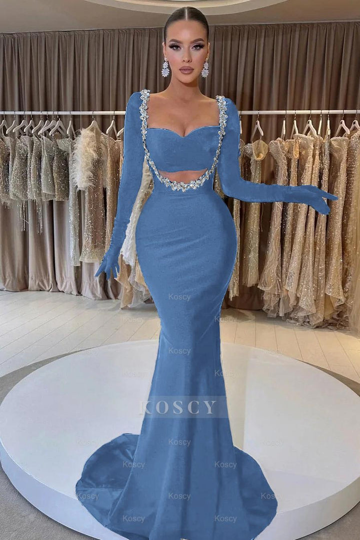 Gloves Blue Velvet Formal Dress Charming Black Velvet Long Sleeve Beaded  Long Mermaid Formal Dress