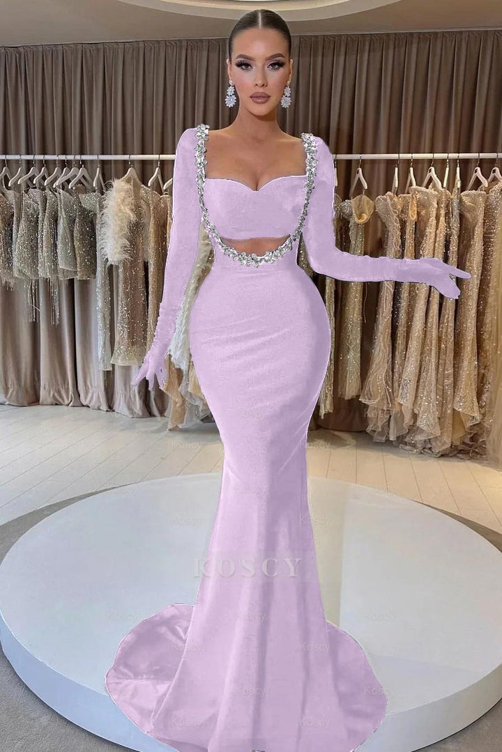 Charming Black Velvet Long Sleeve Beaded Long Mermaid Formal Dress With  Gloves