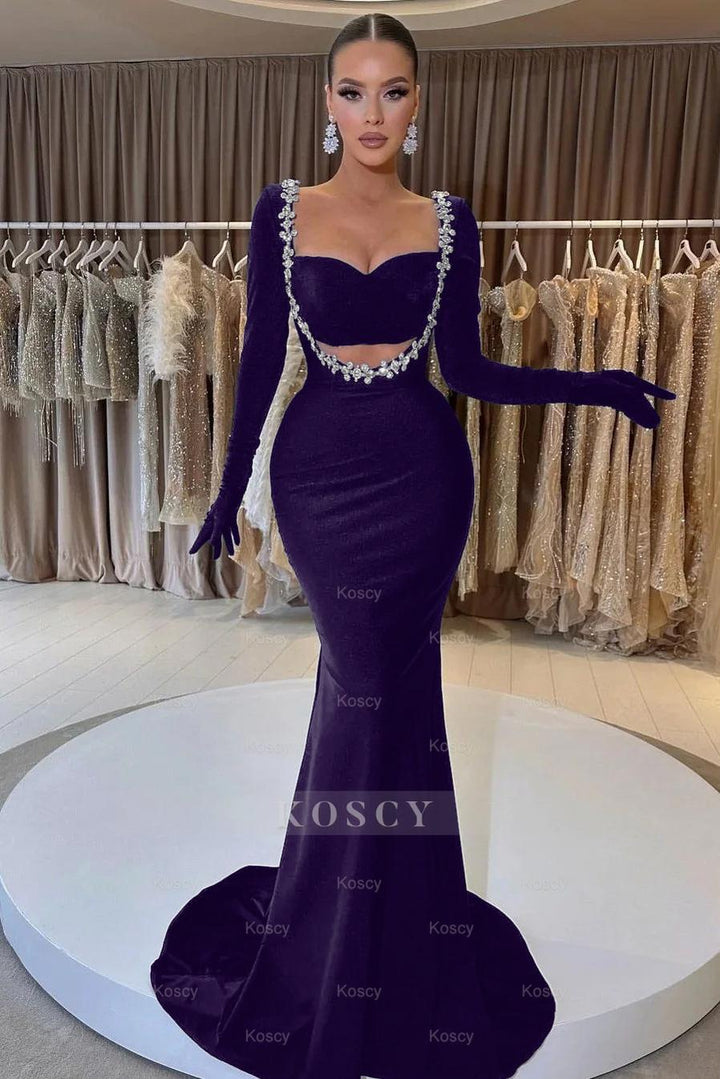 Charming Black Velvet Long Sleeve Beaded Long Mermaid Formal Dress With  Gloves