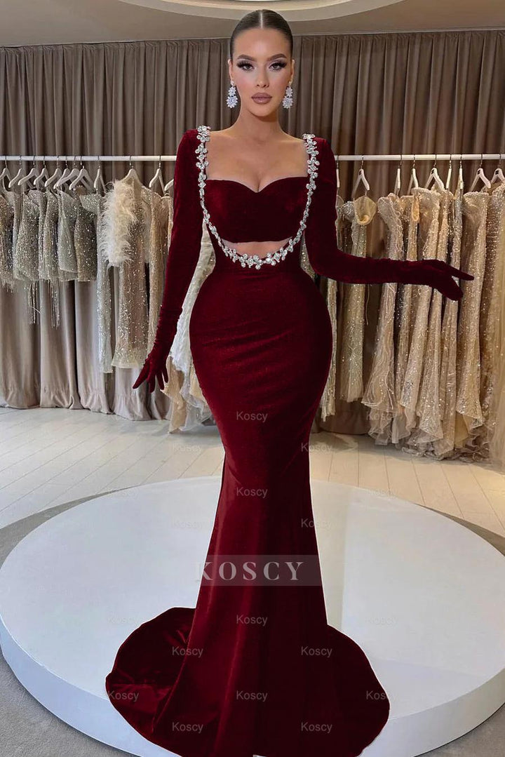 Charming Black Velvet Long Sleeve Beaded Long Mermaid Formal Dress With  Gloves
