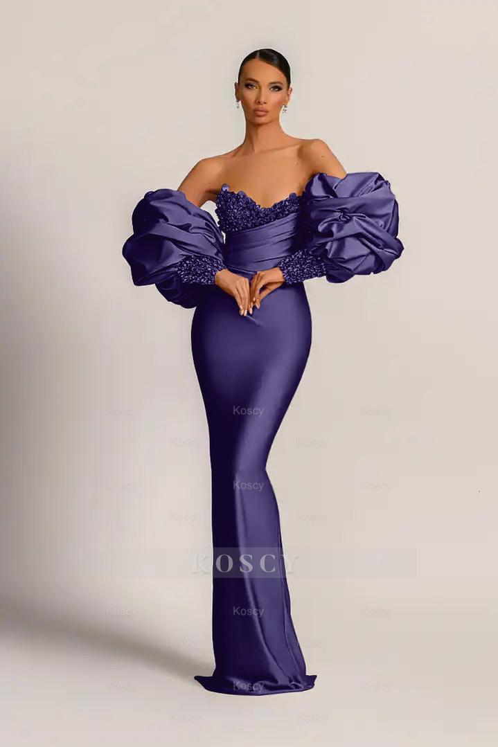 fitted lace wedding dress Purple Tulle Lace Long Prom Dress, Mermaid Strapless Evening Dress –  girlideas main image 0
