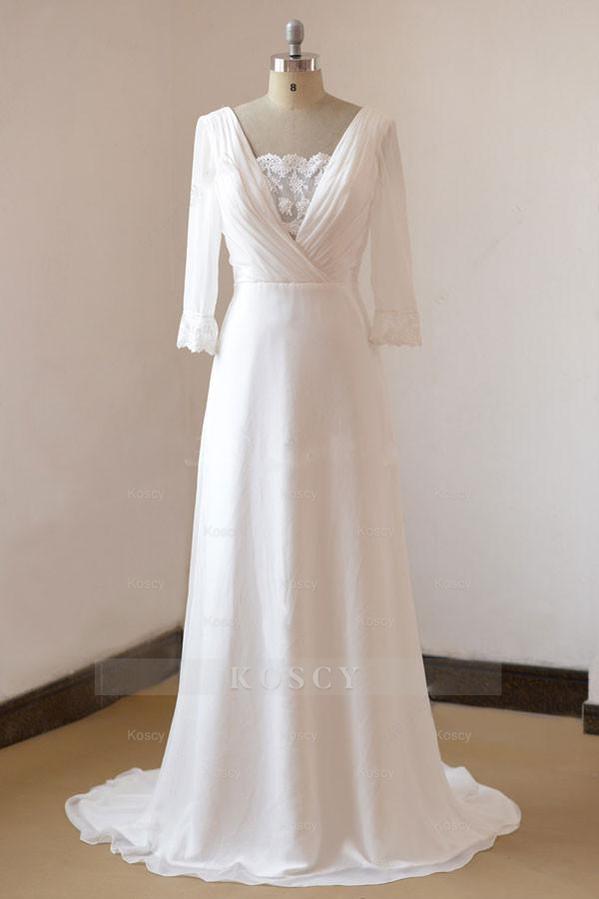 blue dress for baby girl Champagne Illusion 3/4 Sleeve Lace Wedding Dress Champagne