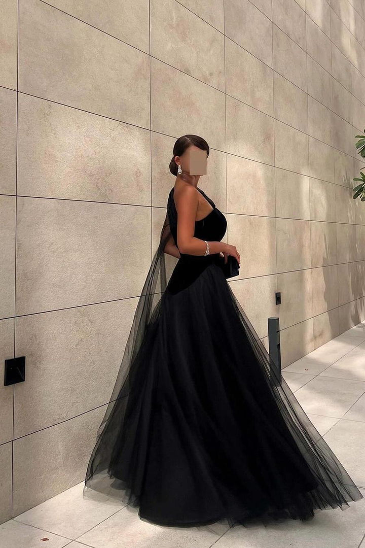 black one shoulder tulle dress Women's Belle Pleated One Shoulder Tulle Ankle Length Dress S/M/L Black MEAN BLVD Black / Customize