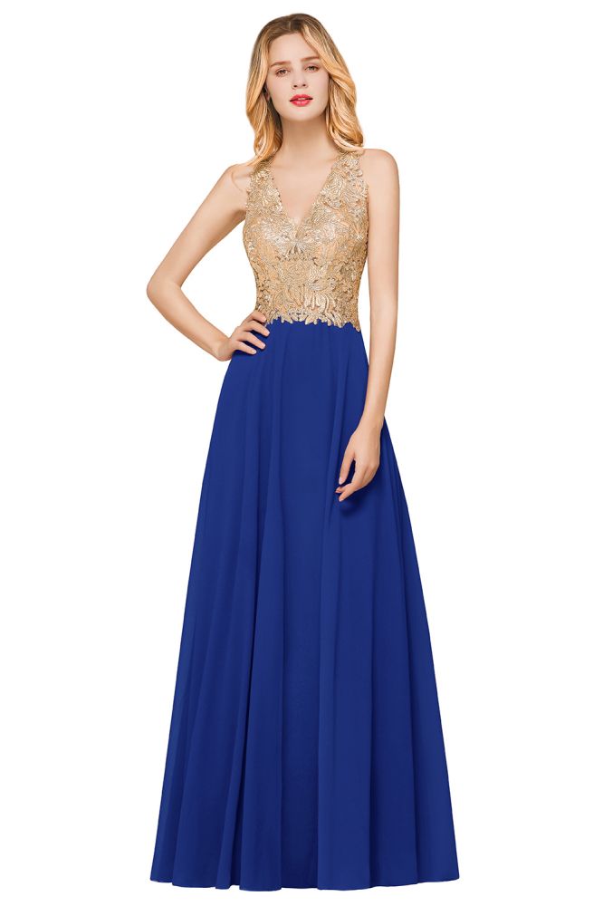 Chic Gold Appliques Party Dress Chiffon Lace Prom Long Ball Gown Chic Gold Appliques Party Dress Chiffon Lace Prom Long Ball Gown