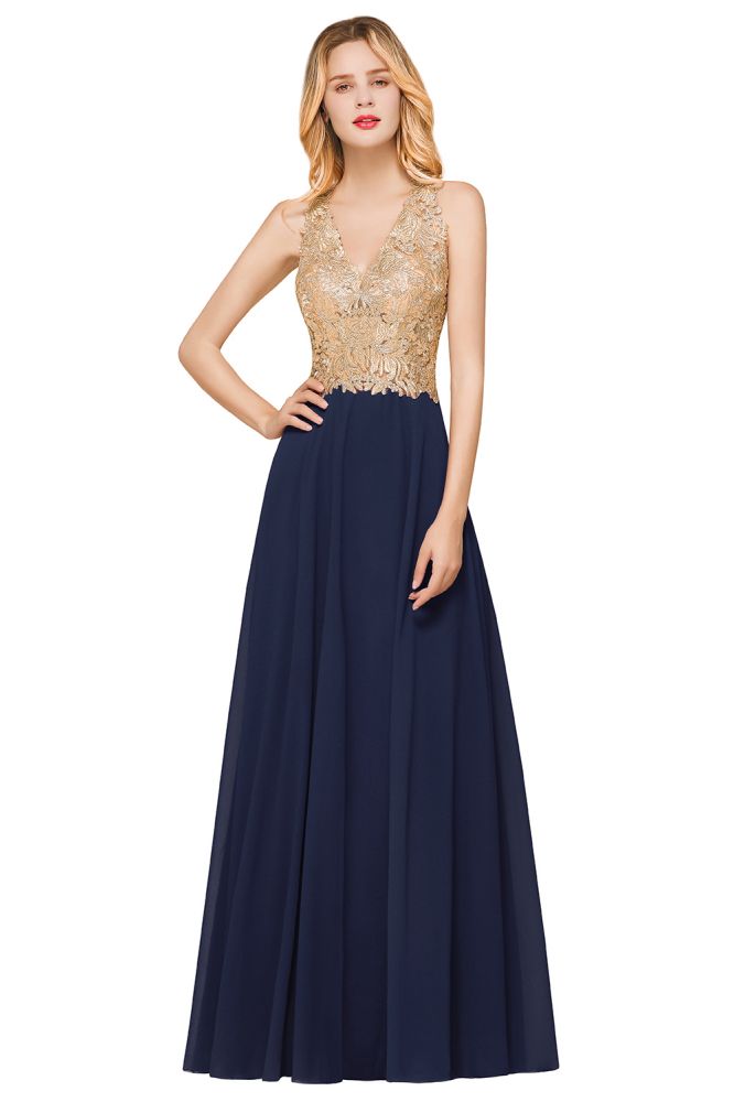 Chic Gold Appliques Party Dress Chiffon Lace Prom Long Ball Gown Chic Gold Appliques Party Dress Chiffon Lace Prom Long Ball Gown