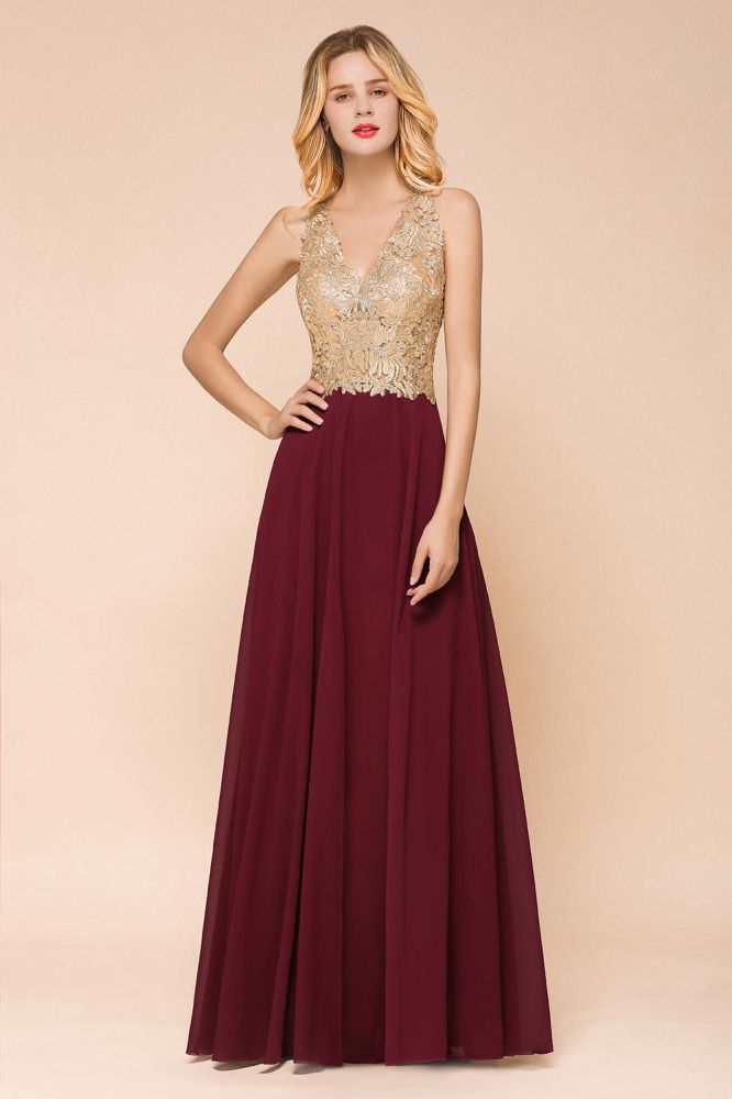 Chic Gold Appliques Party Dress Chiffon Lace Prom Long Ball Gown
