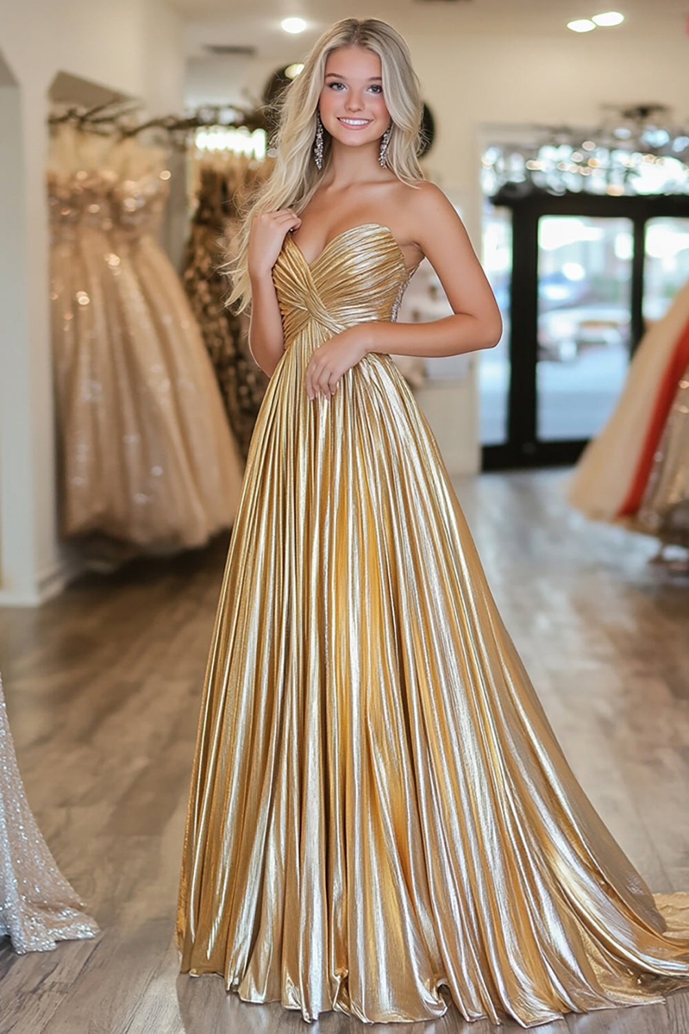 Chic Gold Metallic Satin Deep V Neck Pleated A Line Long Prom Dress Chic Gold Metallic Satin Deep V Neck Pleated A Line Long Prom Dress