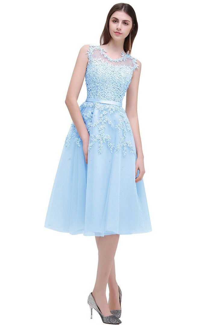 Chic Knee-Length Sleeveless Tulle Prom Dress With Lace Appliques-Koscy