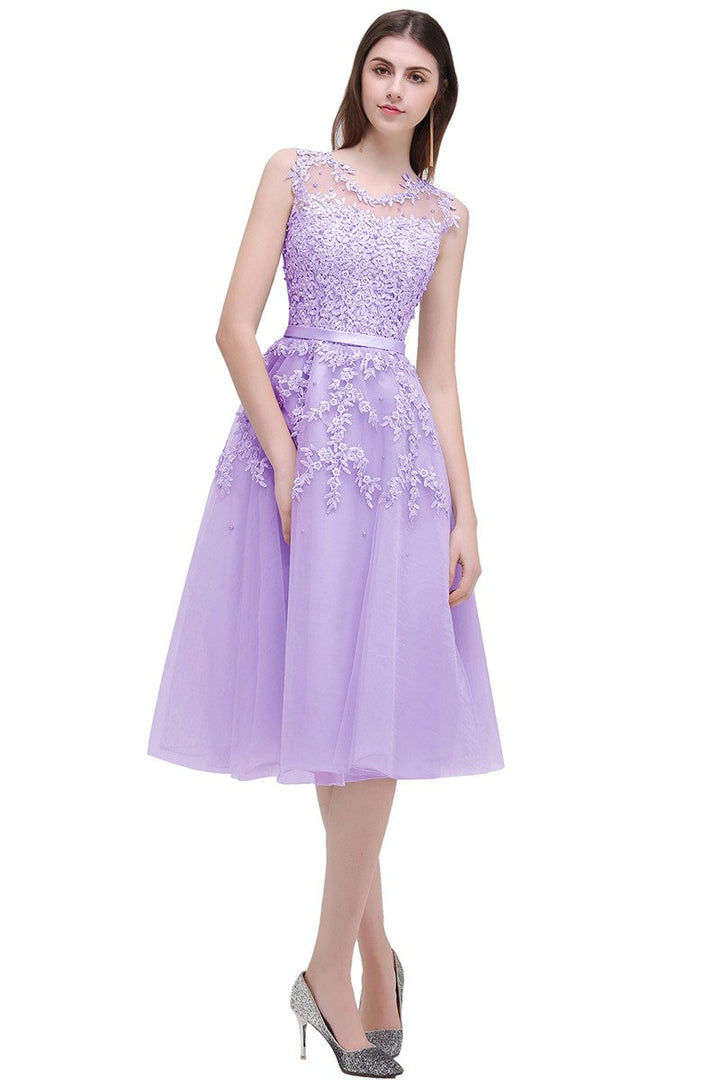 Chic Knee-Length Sleeveless Tulle Prom Dress With Lace Appliques-Koscy