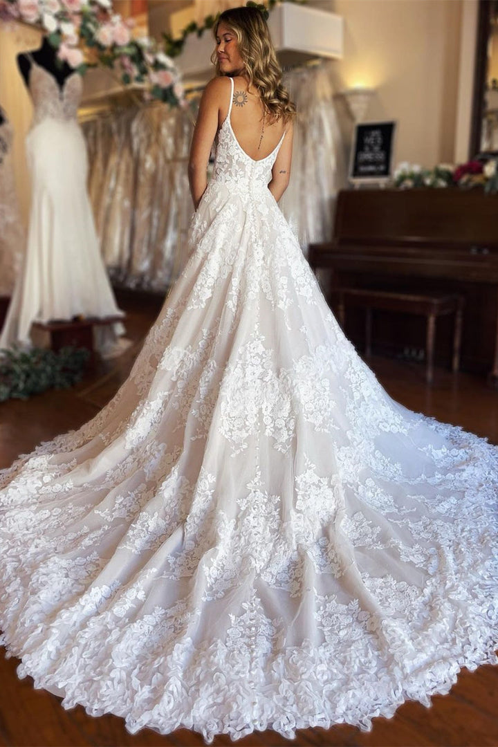 Elegant Long A-line Spaghetti Strap Lace Wedding Dress with Slit