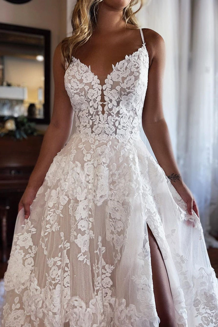 Elegant Long A-line Spaghetti Strap Lace Wedding Dress with Slit