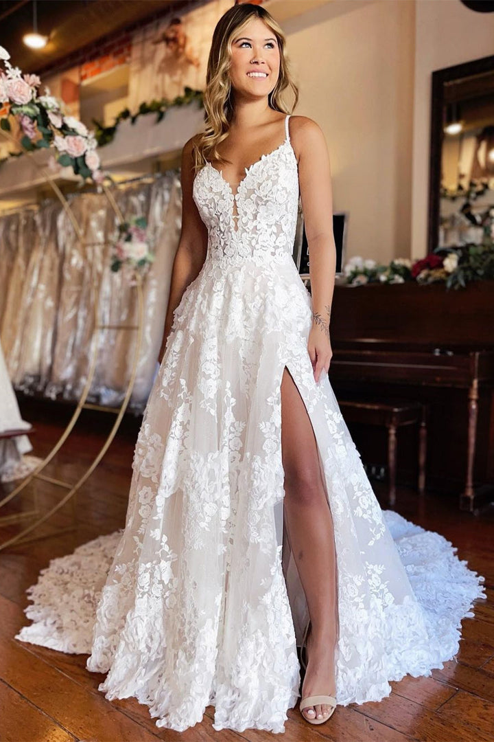 Elegant Long A-line Spaghetti Strap Lace Wedding Dress with Slit