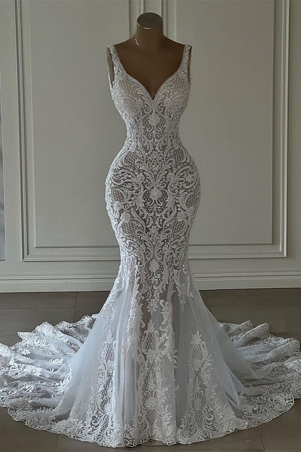 Classy Long Mermaid V-neck Sleeveless Wedding Dress with Lace Detailing