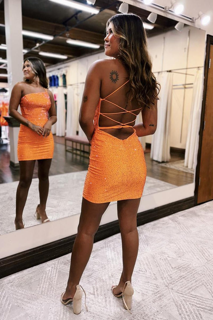 Koscy Bodycon One Shoulder Lace Up Tight Beaded Homecoming Dress