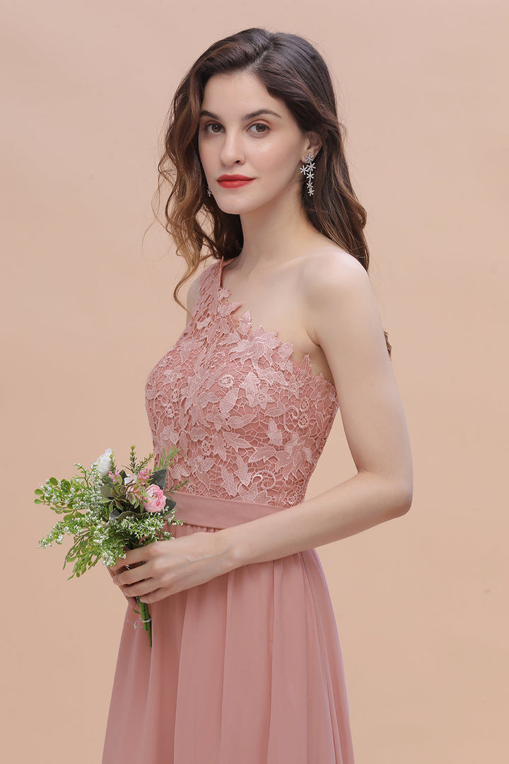BMbridal Chic One Shoulder Chiffon Lace Vintage Mauve Bridesmaid Dress