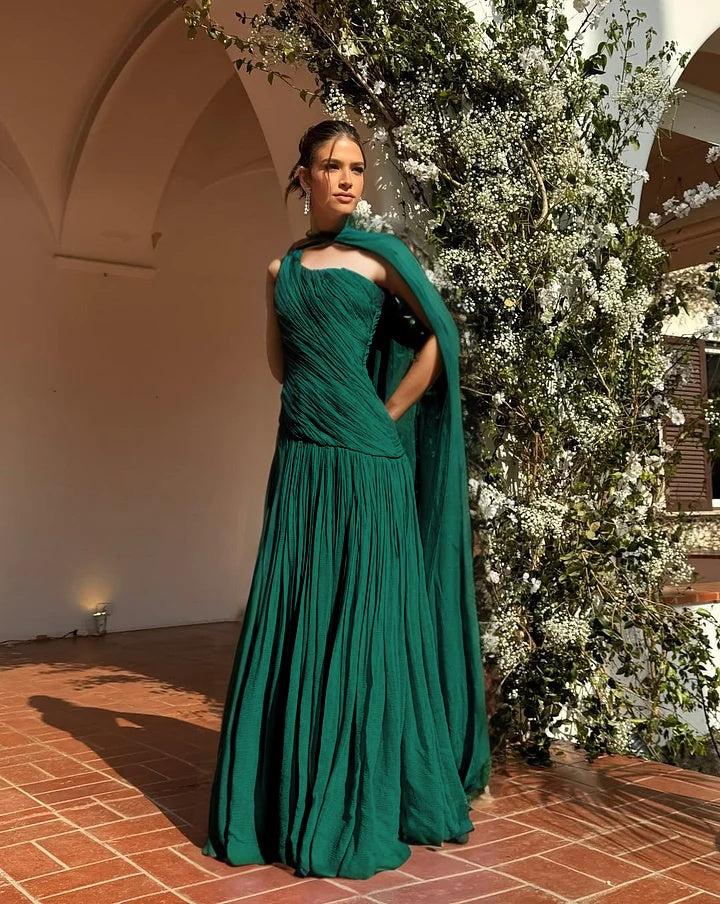 Chic One Shoulder Sleeveless Long Formal Dress With Pleated Shawl