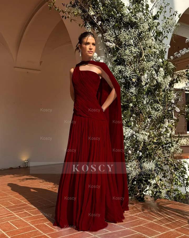 Chic One Shoulder Sleeveless Long Formal Dress With Pleated Shawl Chic One Shoulder Sleeveless Long Formal Dress With Pleated Shawl