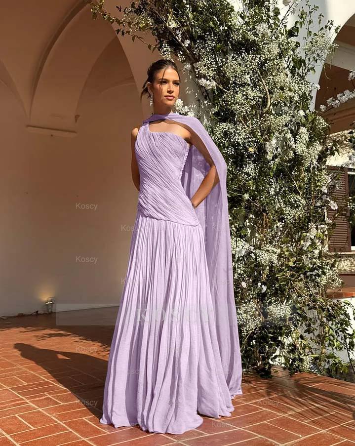 Chic One Shoulder Sleeveless Long Formal Dress With Pleated Shawl Chic One Shoulder Sleeveless Long Formal Dress With Pleated Shawl