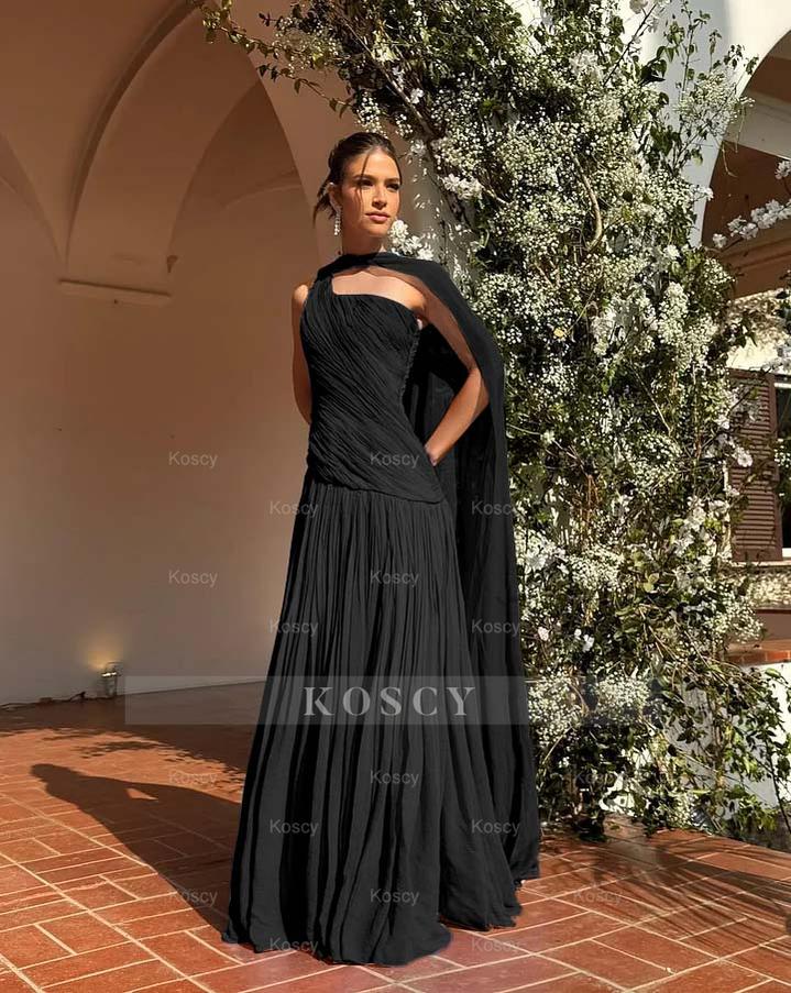Chic One Shoulder Sleeveless Long Formal Dress With Pleated Shawl Chic One Shoulder Sleeveless Long Formal Dress With Pleated Shawl