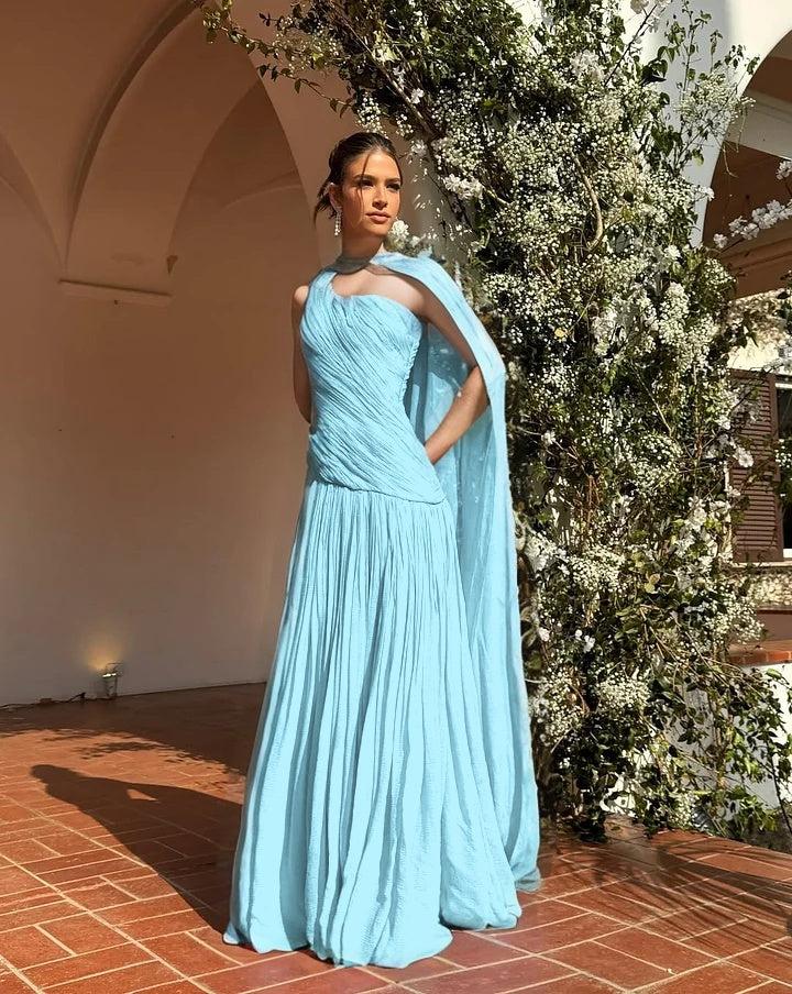 one sleeve dress formal Elegant One Shoulder Midi Dress with Dramatic Sleeve 40033