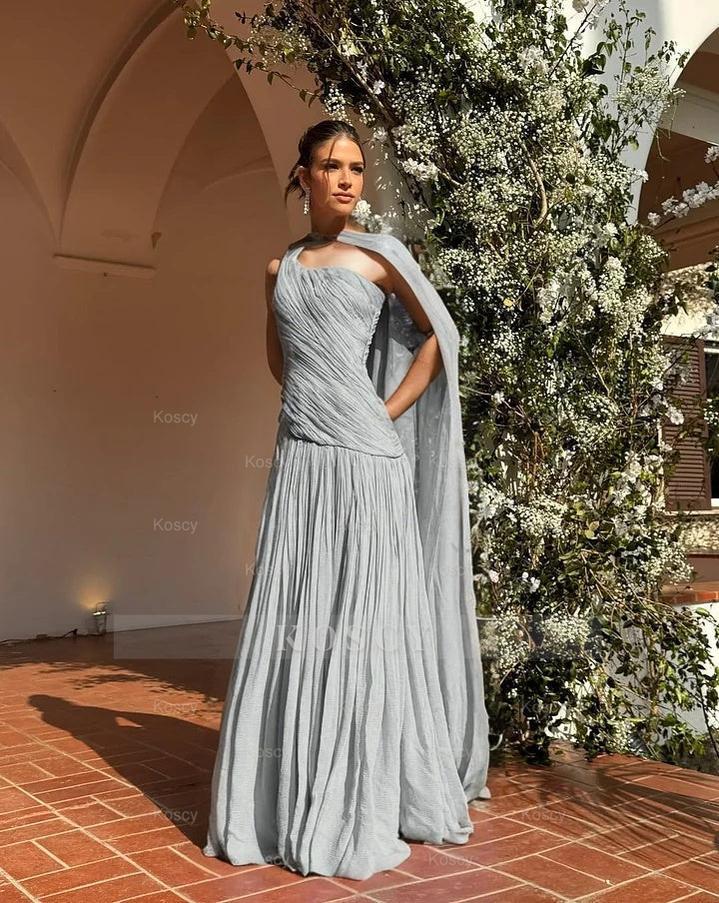 Chic One Shoulder Sleeveless Long Formal Dress With Pleated Shawl Chic One Shoulder Sleeveless Long Formal Dress With Pleated Shawl