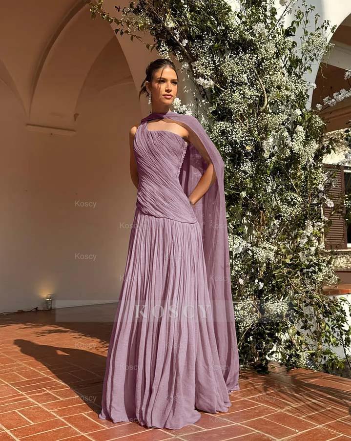 Chic One Shoulder Sleeveless Long Formal Dress With Pleated Shawl Chic One Shoulder Sleeveless Long Formal Dress With Pleated Shawl