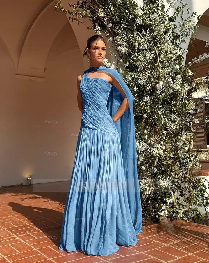 Chic One Shoulder Sleeveless Long Formal Dress With Pleated Shawl Chic One Shoulder Sleeveless Long Formal Dress With Pleated Shawl