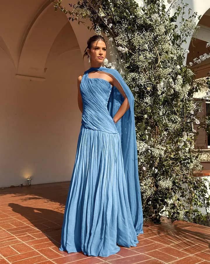 pleated formal dress Wedtrend Women Blue Prom Dress A-Line Off The Shoulder Floral Print Pleated Tulle Formal Dress, Blue / US16W
